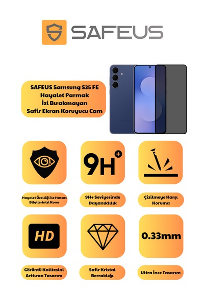 Safeus Tam Kaplayan Hayalet Parmak İzi Bırakmayan Safir Ekran Koruyucu Cam , Samsung S25 Fe İle Uyumlu