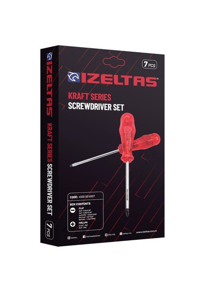 İzeltaş 4100008107 Kraft Seri Tornavidalar, Kırmızı, 7 Li