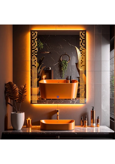 Velano Amber Led'li Lazer Kumlamalı Lavabo & Banyo Aynası Dokunmatik Sensörlü 65 X 90 Cm Turuncu