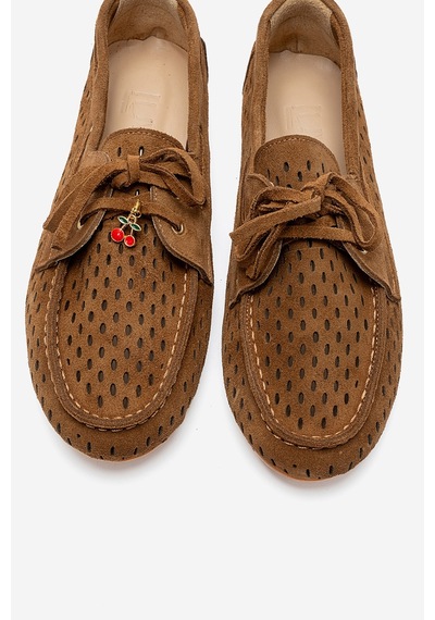 Luvishoes Stevo Taba Süet Hakiki Deri Delikli Bağcıklı Kadın Loafer Ayakkabı