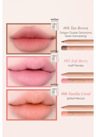 Kremsi e Sahip Dudak Kalemi Ve Kalemtıraş Seti Clio Velvet Lip Pencil Set 02 Peach Beige