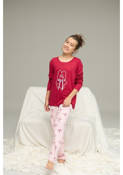 Siyah İnci Pamuklu Bisiklet Yaka Örme Pijama Takım25241136 Vişne
