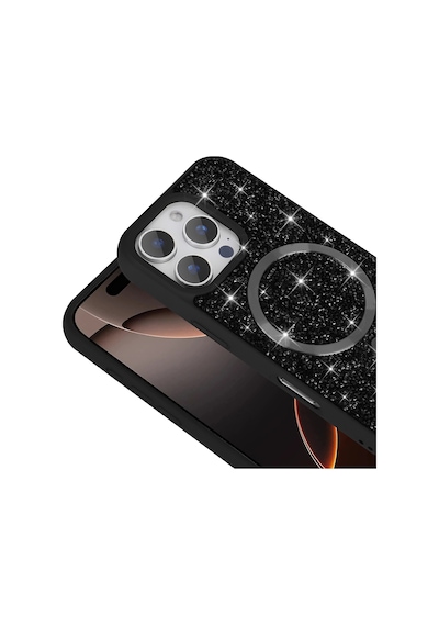 Goocamp Apple Uyumlu iPhone 16 Pro Max Kılıf Pırlanta Tasarımlı Magsafe Şarj Özellikli Mozaik Sil Siyah