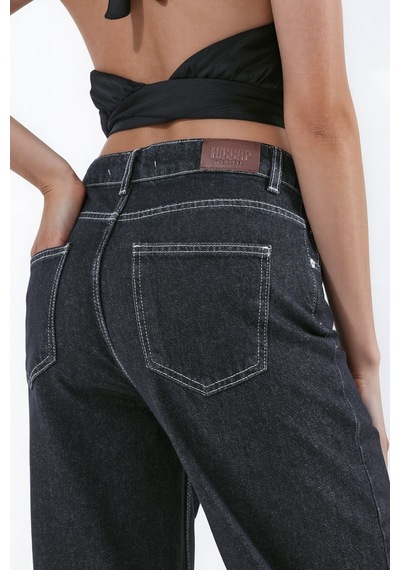 Hiccup Paça Ekose Detaylı Yüksek Bel Wide Leg Jeans Siyah