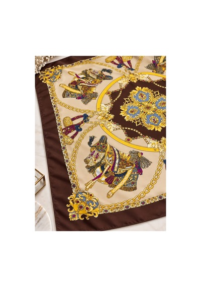 Inno 70x70 Cm Premium Saten Kahverengi Desenli Fular