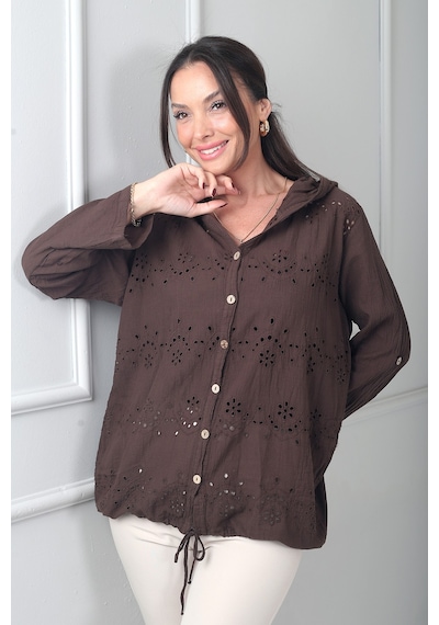 By Saygı Kadın Kapüşonlu Önü Düğmeli Cepli Brode Fisto İşlemeli İtalyan Cotton Ceket Kahve By Saygı Kadın Kapüşonlu Önü Düğmeli Cepli Brode Fisto İşlemeli İtalyan Cotton Ceket Kahve