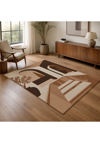 Kartela Halı Avlu Mimari Desenli Modern Halı Bakır Kaymaz Taban Makinede Yıkanabilir 120x180 Cm