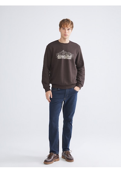 LC Waikiki Lc Waıkıkı Kahverengi Bisiklet Yaka Baskılı Erkek Sweatshirt