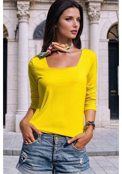 WeShaya Açık Sarı, Kare Yaka, Uzun Kollu, Basic Bluz Açık Sarı