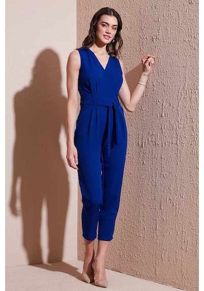 Lela Slim Fit Düz Paça Kruvaze Yaka Kemerli Bayan Tulum 6783626 Saks
