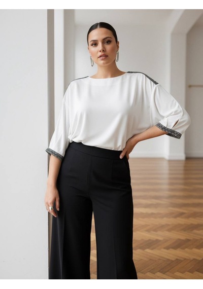 Pera Moda Büyük Beden Yakası Ve Kol Manşeti Taşlı Oversize Uzun Gömlek Beyaz