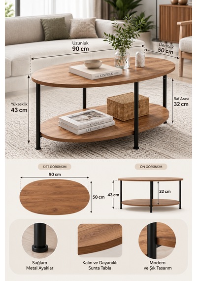 Oval Orta Sehpa 90 Cm İki Katlı Raflı Metal Ayaklı Modern Dekoratif Salon Sehpası Çam
