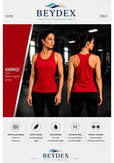 Beydex Bisiklet Yaka Sıfır Kollu Standart Kalıp Kadın Spor Atlet Kırmızı