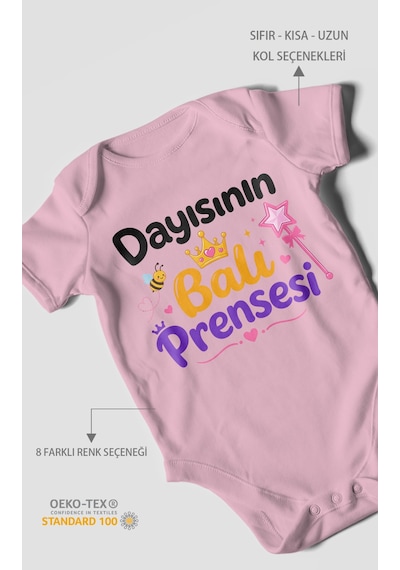 Morivokids Dayısının Ballı Prensesi Kısa Kollu Bebek Body %100 Pamuk Koyu Pembe
