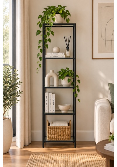 Teknor Siyah Çerçeveli Füme Cam Modern Salon Kitaplığı 40 Cm