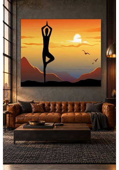 Fida Turuncu Gün Batımında Yoga Silueti Canvas Tablo Çok Renkli