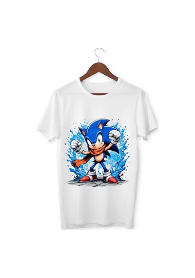 Alpşan Ticaret Sonic Çocuk Tişört Sonic Unisex Yetişkin Tişört Sonic Tişört Beyaz