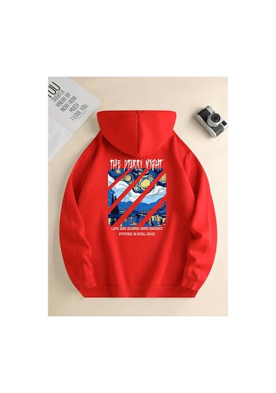 Medinenur Night Baskılı Kapüşonlu Sweatshirt Kırmızı