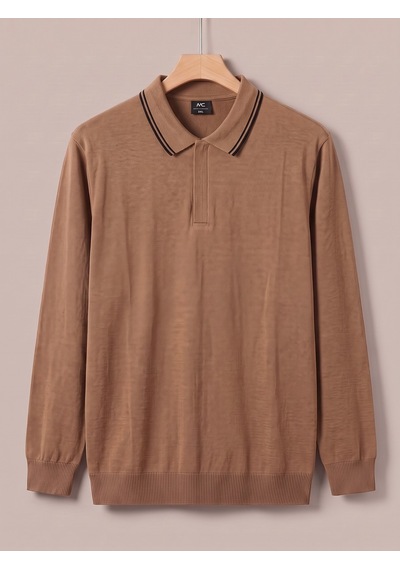 Maccali Erkek Camel Büyük Beden Gizli Fermuarlı Polo Yaka Triko Sweatshirt