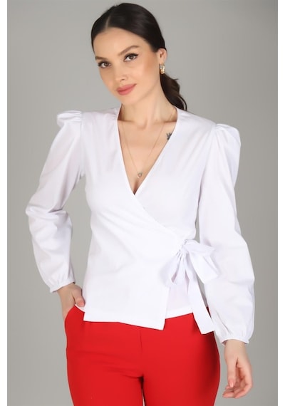 Sweetness Kadın Beyaz Kruvaze Model Likralı Gömlek Beyaz