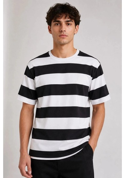 Freedom Storee Erkek Çizgili Oversize Tişört Bisiklet Yaka Kısa Kol Yazlık T-shirt - Siyah Çok Renkli