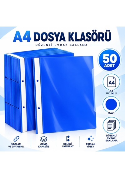 Tr 50 Adet Mavi A4 Telli Dosya, Plastik Sunum Ve Rapor Dosyası Diğer