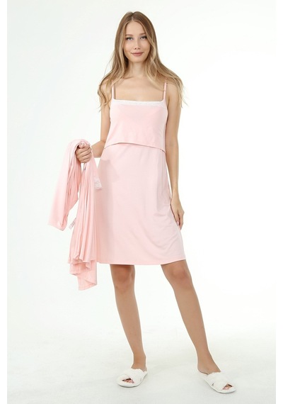 Luvmabelly Myra9650 Sabahlıklı Önden Bölmeli Dantelli Emzirme Geceliği -pembe-pembe