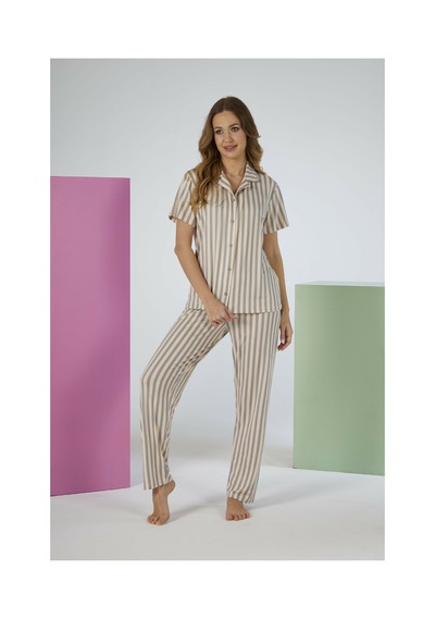 Estiva Kadın Pembe Çizgili Gri Kısa Kollu Önden Düğmeli Soft Pijama Takımı Çok renkli