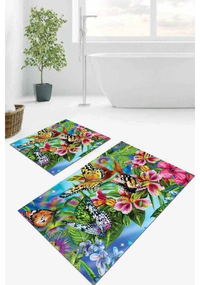 Renkli Çiçekli Banyo Halısı Klozet Takımı Paspas Seti Bs103n11 Çok Renkli