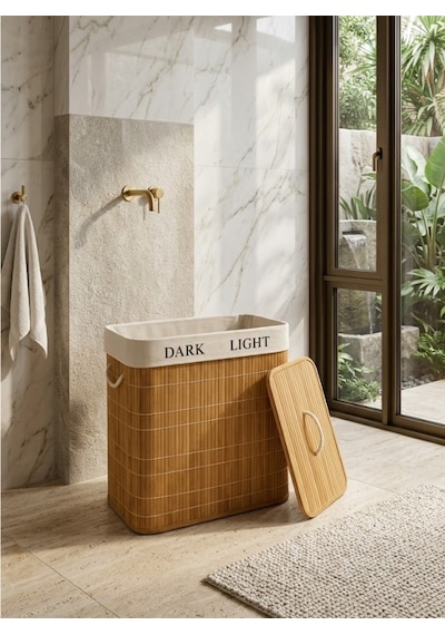 Mucit Home İki Bölmeli Bambu Naturel Çamaşır Sepeti - Mega Katlanabilir Çamaşır Sepeti Renkli