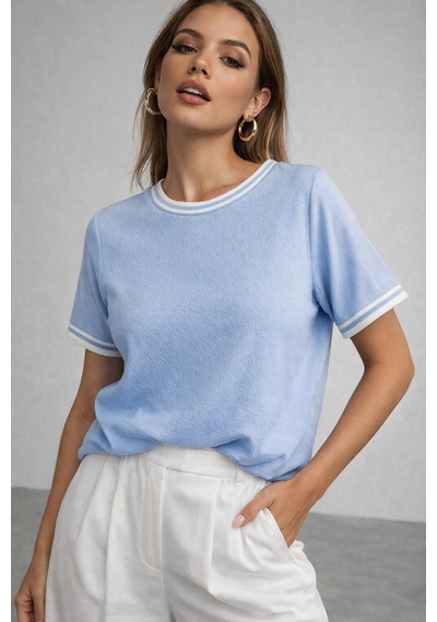 Kadın Mavi Bisiklet Triko Yaka Kısa Kollu Basic T-shirt Mavi