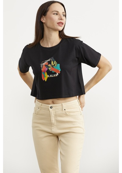 Oversize Baskılı Crop Tişört - Siyah Çok Renkli