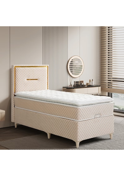 Lina Krem Tek Kişilik Sandıklı Baza + Ortopedik Pedli Yatak + Klapalı Başlık 3 Lü Set 100 x 200 CM