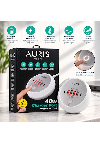 Auris Ars-ch80 40w 2x Type-c + 4x Usb Çoklu Şarj Istasyonu One Touch Işıklı Hızlı Şarj Adaptörü