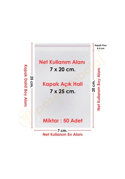 7x20+5 Cm. 7x25 50 Adet Şeffaf Bantlı Yapışkanlı Opp Poşet