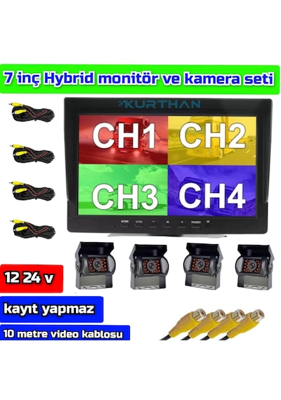 Kayıtsız 7 İnç Monitör 4 Adet Metal Kasa Kamera 12 24 Volt