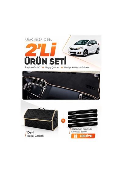 E-biz Honda Jazz 2018-2020 Uyumlu Torpido Örtüsü + Deri Bagaj Çantası Seti - Siyah-bej - Ho019
