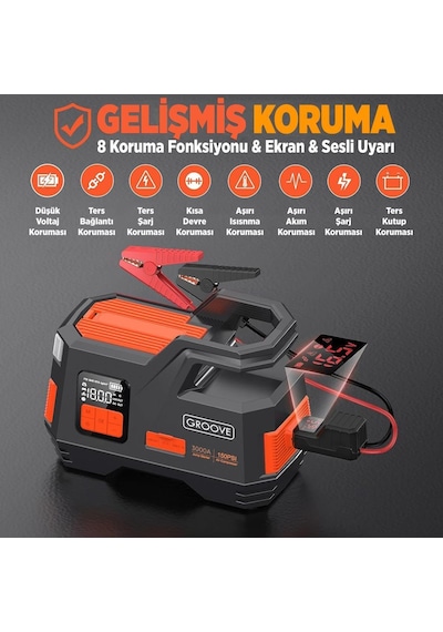 Groove Js006 26800mah 3000a Akü Takviye Cihazı + Lastik Şişirme Kompresörlü Taşınabilir Jump Starter Kompresör+powerbank+led Lamba+lcd Ekran