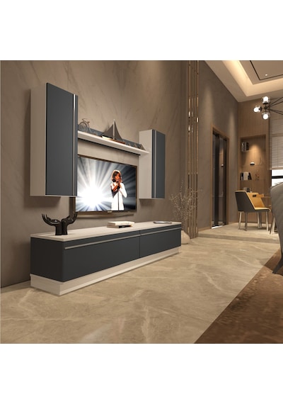 Decoraktiv Eko 5db Mdf Std Tv Ünitesi Tv Sehpası Beyaz - Antrasit