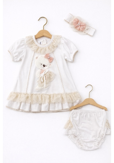 Kardeşler Bebe Dantelli Ayıcıklı Kız Bebek Elbise Takım Saç Bantlı 3 Lü Set Bej