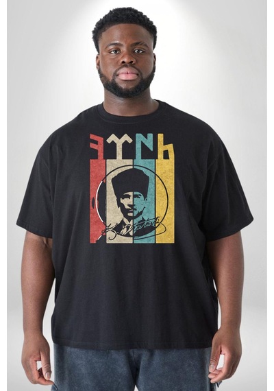 Angemiel Atatürk İmzalı Türk Logo Siyah Büyük Beden Erkek Kadın Unisex Basic Ön Baskılı Tişört Siyah