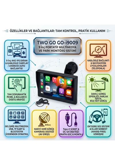 9 İnç Ahd Ips Ekran Kablosuz Carplay Android Auto Destekli Portatif Araç Multimedya Monitörü Bluetooth Fm Transmitter Güneş Siperlikli