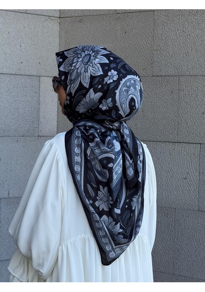 Qalortex Scarf Pamuklu Vintage Desen Eşarp-siyah/gri Siyah-Gri