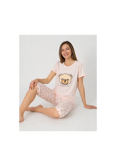 Pijamask Kadın Açık Pembe Ayıcık Baskılı Kısa Kollu Kapri Pijama Takımı P100-843 Pudra