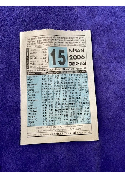 15 Nisan 2006 Takvim Yaprağı - Nostalji Koleksiyonluk Takvim Yaprağı