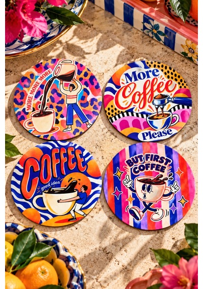 More Coffee Please, Kahve Temalı 4 Lü Bardak Altlığı Set 9 Cm, 3 Mm Ahşap Mdf, Dijital Baskı - 930345164 Diğer