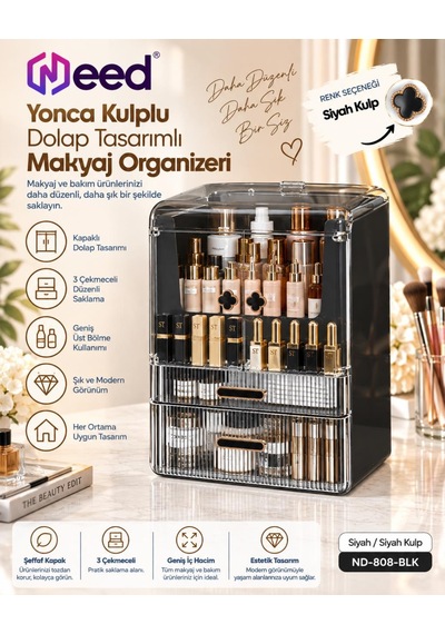 Need Yonca Kulplu Dolap Tasarımlı Çekmeceli Makyaj Ve Kozmetik Organizeri Siyah / Siyah Kulp Nd-808-blk
