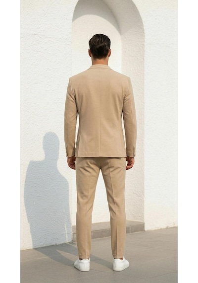 Erkek Gofre Desenli Takım Elbise Bağcıklı Pantolon Duble Paça Tek Düğme Modern Slim Fit Bej