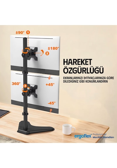Ergoflex EF73 Steel Design 2-8 kg Çift Ekran Asansörlü 13"-27" Desktop Monitör Standı