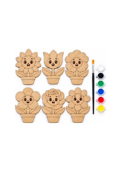 Çocuklar İçin Ahşap Çiçek Boyama Seti 6 Desen 17 Cm Mdf